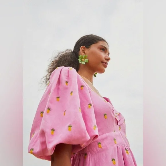 Farm Rio embroidered pineapples pink midi dress - Picture 2 of 12